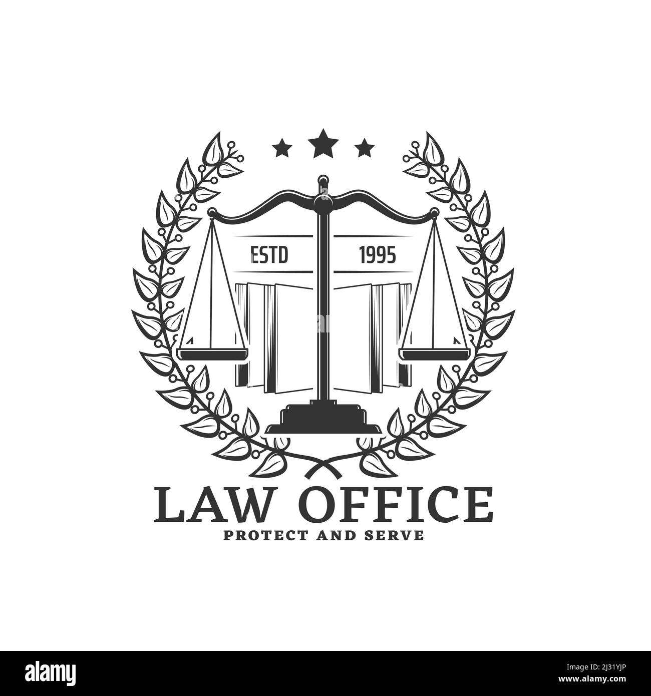 Law office icon with laurel wreath and scales of justice. Attorney service retro emblem, lawyer