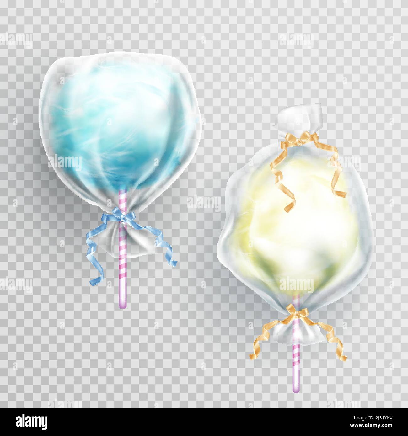 Cotton candy in package bag isolated on transparetn background. Vector realistic set of blue and yellow sugar floss clouds in clear plastic wrapper wi Stock Vector