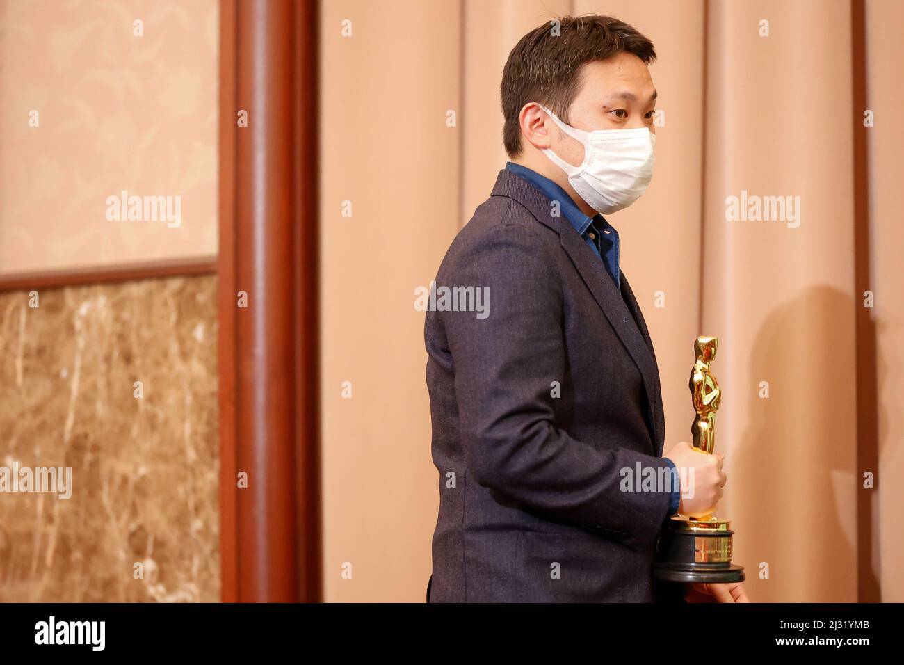 April 5, 2022, Tokyo, Japan: Director Ryusuke Hamaguchi attends a news conference at the Japan National Press Club in Tokyo. Hamaguchi's movie 'Drive My Car' won the Best International Feature Film at the 94th U.S. Academy Awards in Los Angeles. (Credit Image: © Rodrigo Reyes Marin/ZUMA Press Wire) Stock Photo