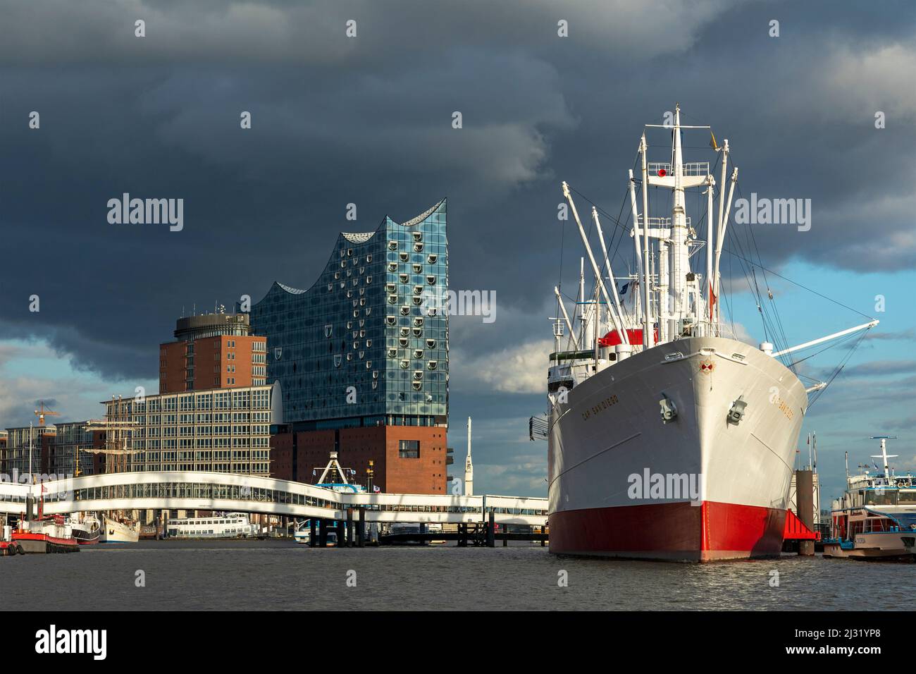 Elbe Philharmonic Hall and museum freighter Cap San Diego, Harbour, Hamburg, Germany Stock Photo