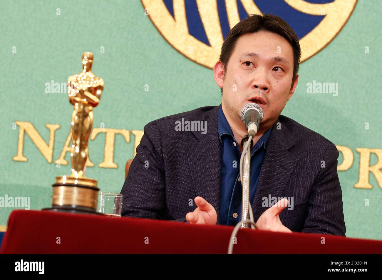 April 5, 2022, Tokyo, Japan: Director Ryusuke Hamaguchi speaks during a news conference at the Japan National Press Club in Tokyo. Hamaguchi's movie 'Drive My Car' won the Best International Feature Film at the 94th U.S. Academy Awards in Los Angeles. (Credit Image: © Rodrigo Reyes Marin/ZUMA Press Wire) Stock Photo