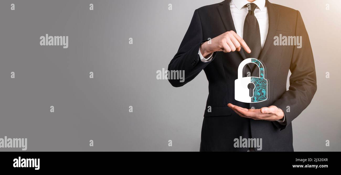 Cyber security network. Padlock icon and internet technology networking. Businessman protecting data personal information,virtual interface. Data prot Stock Photo
