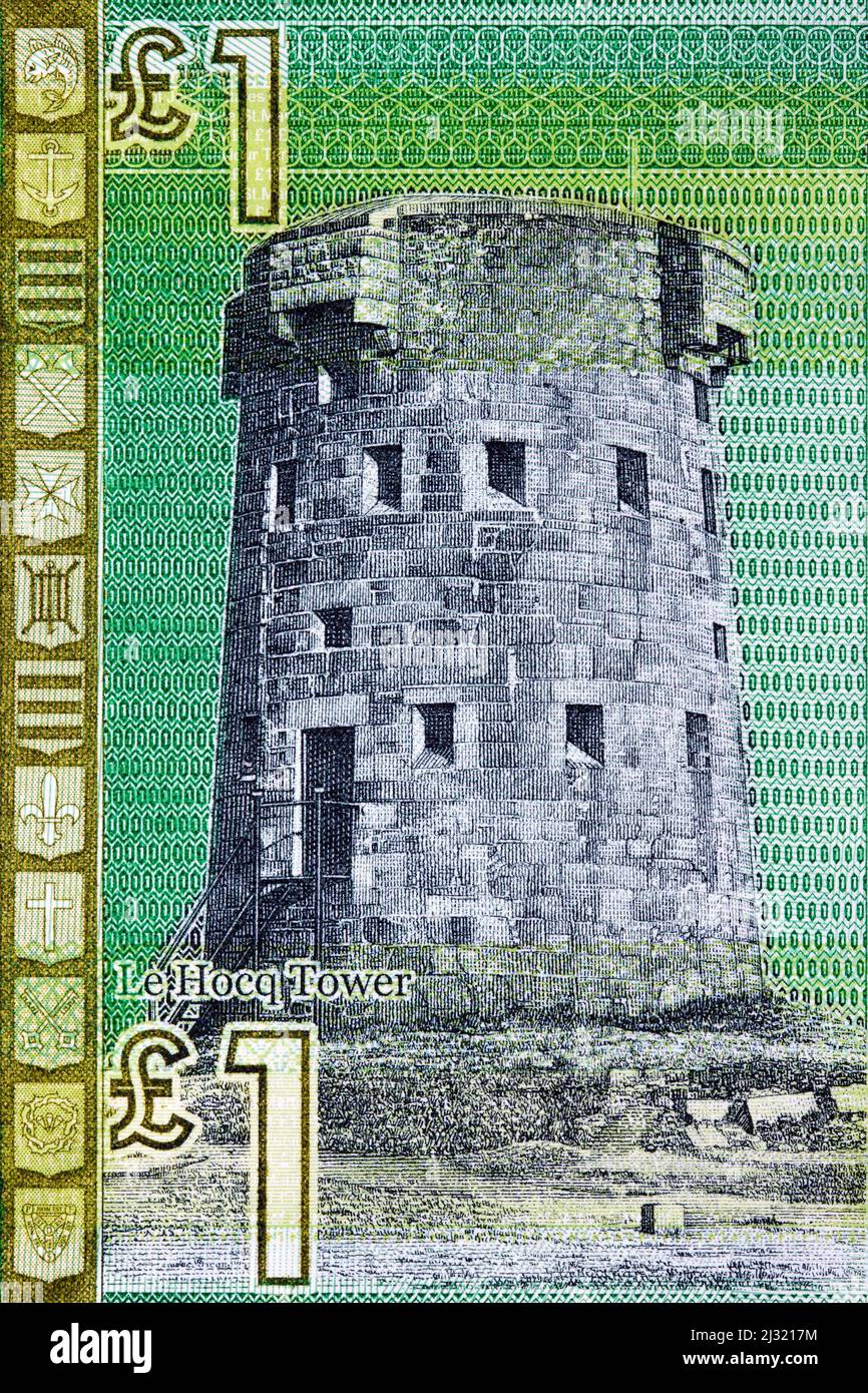 Le Hocq Tower from Jersey money - pound Stock Photo - Alamy