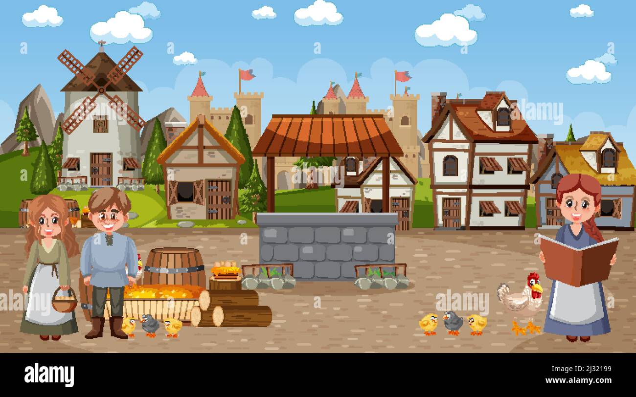 Medieval town scene with villagers illustration Stock Vector Image ...