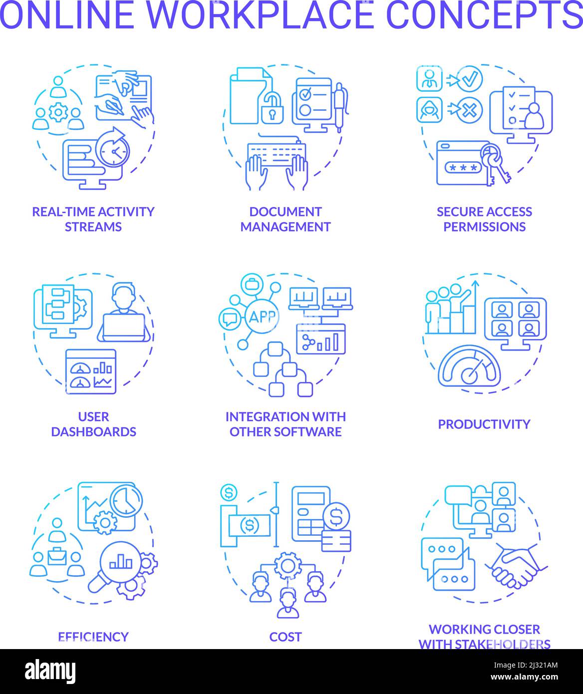 Online workplace blue gradient concept icons set Stock Vector Image ...