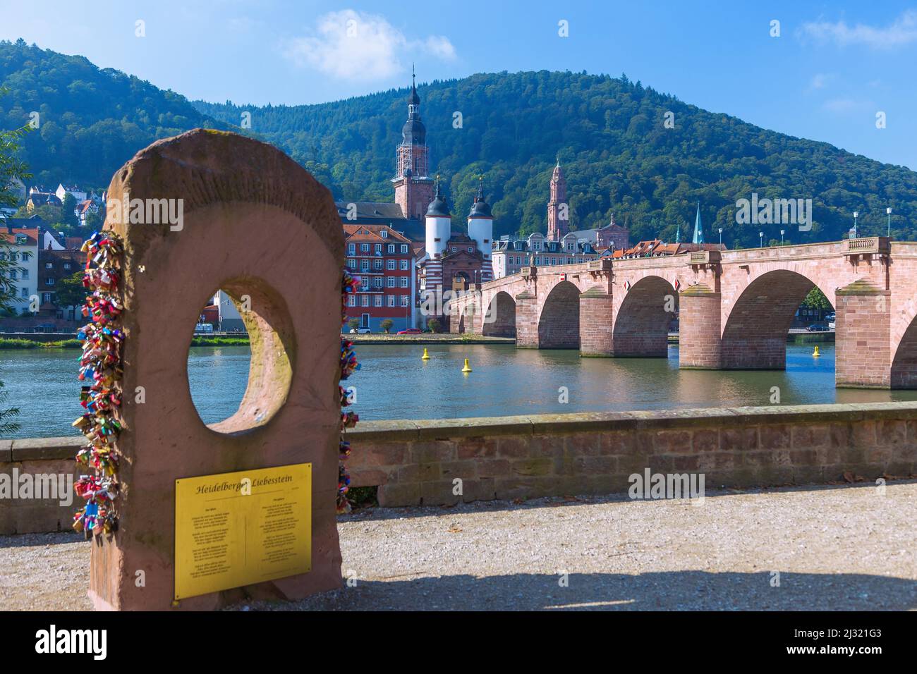 Heidelberg, view from the Nepomuk Terraces with the Heidelberg Love Stone on the old town with the Church of the Holy Spirit and the Old Bridge over the Neckar Stock Photo