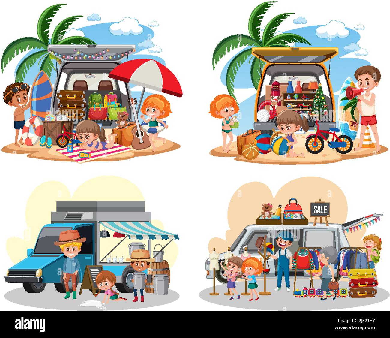 Flea market concept with set of different car boot sales illustration Stock  Vector Image & Art - Alamy