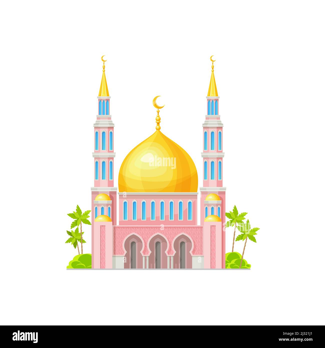 Islamic mosque building with golden dome and minarets. Arabic architecture, islam religion temple, isolated vector muslim mosque or palace exterior facade with crescent on towers spires Stock Vector