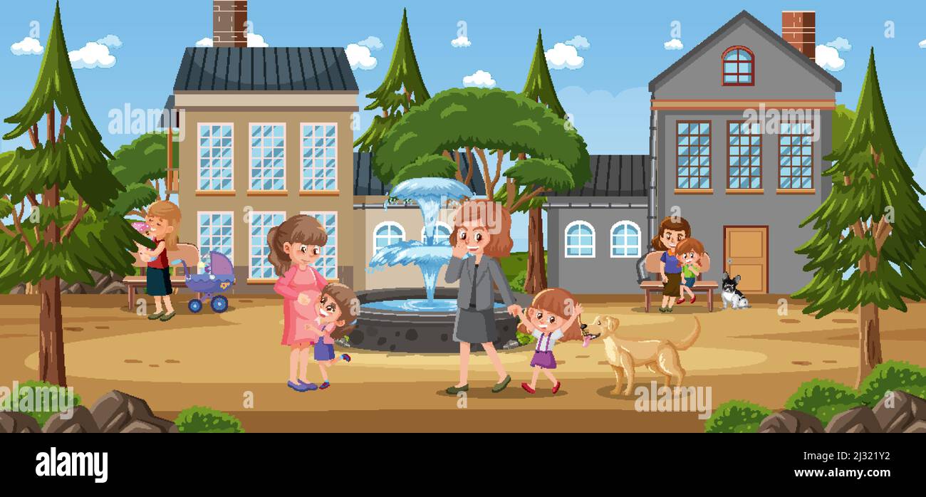 Park scene with many people cartoon illustration Stock Vector Image ...