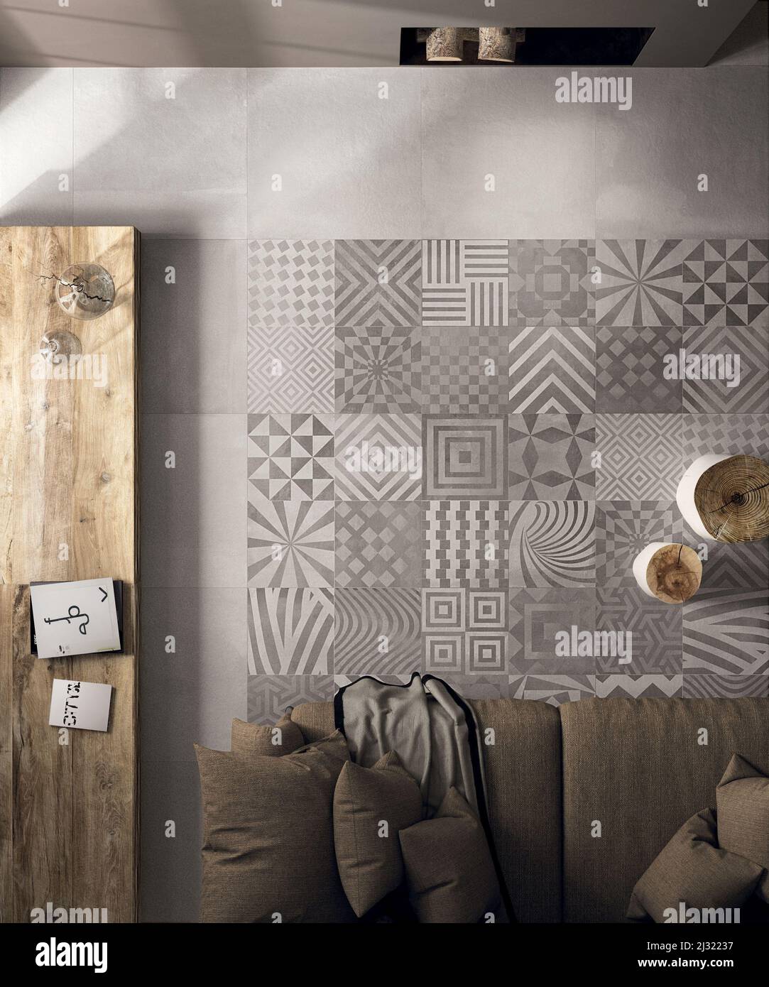 Modern interior design of room with elegant gray tiles, seamless ...