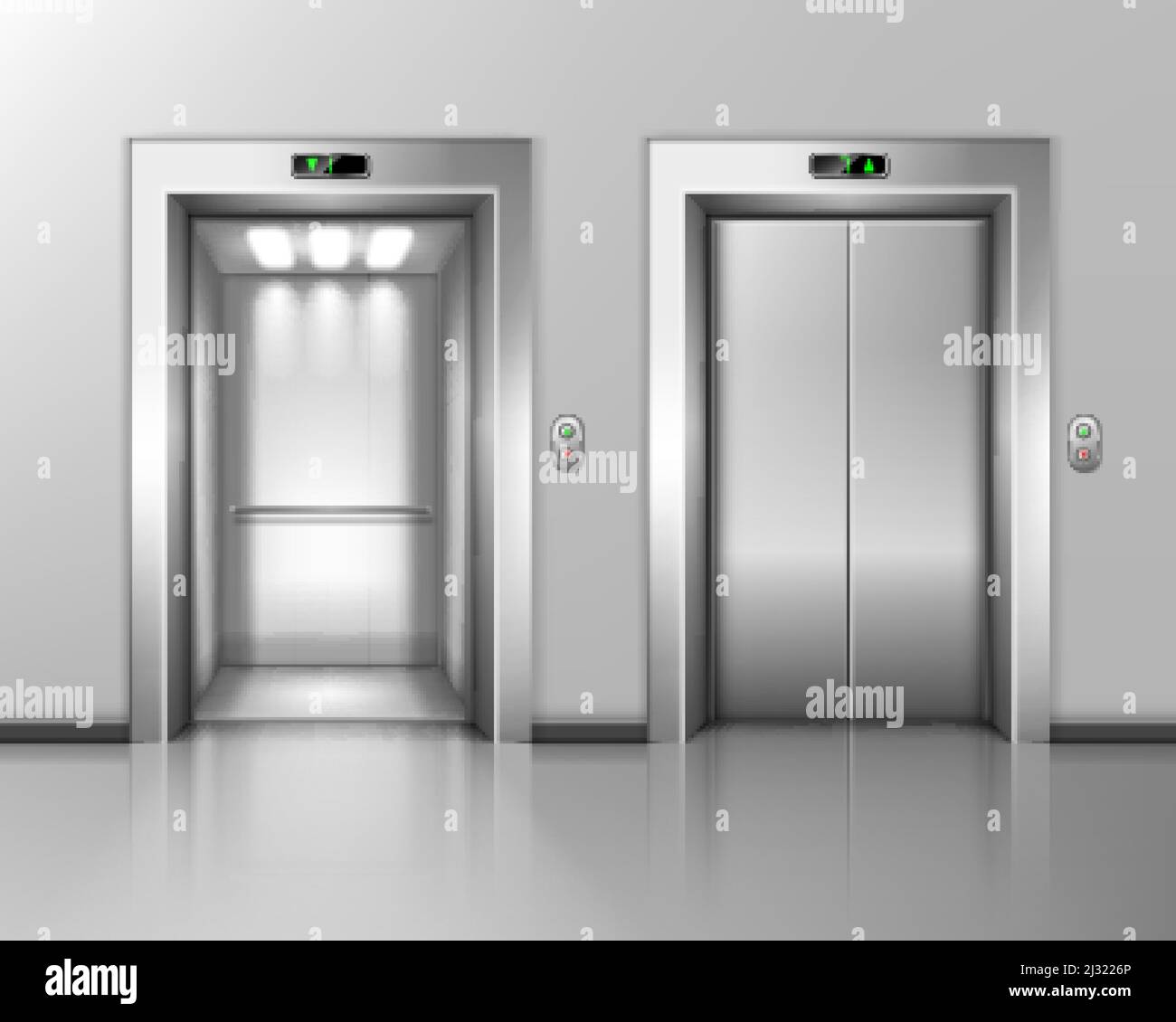 Lift doors, elevator close and open. Building hall interior with chrome