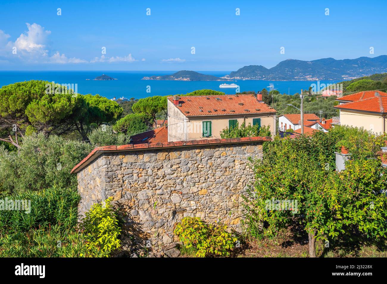 View from Montemarcello to the Gulf of La Spezia, La Spezia Province, Liguria, Italy Stock Photo