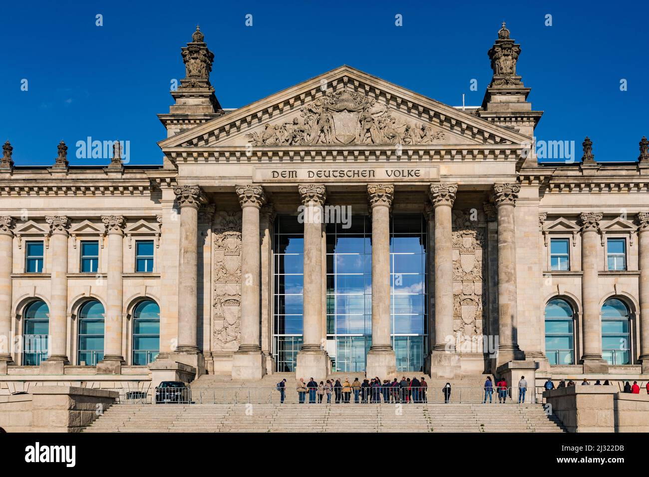 The view from the Platz der Republik to the German Reichstag building in Berlin is well worth seeing Stock Photo