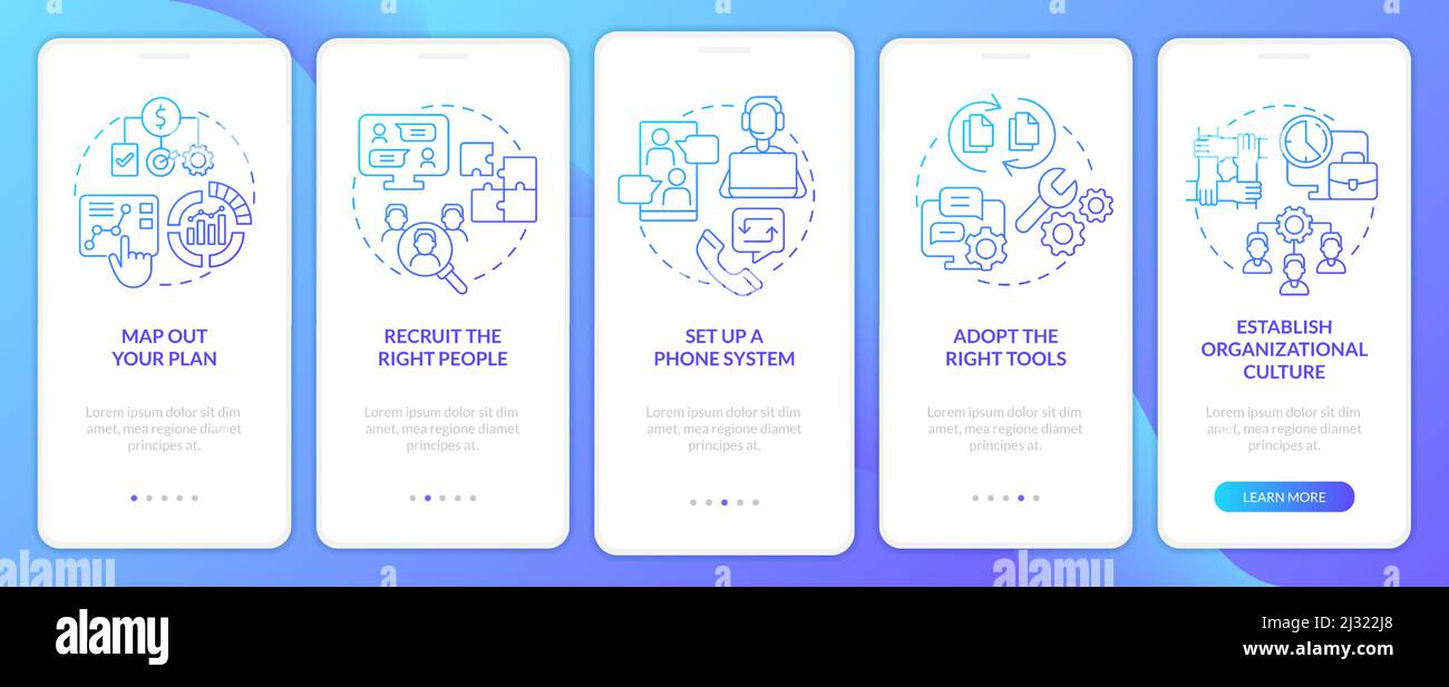 Steps to start virtual office blue gradient onboarding mobile app screen Stock Vector