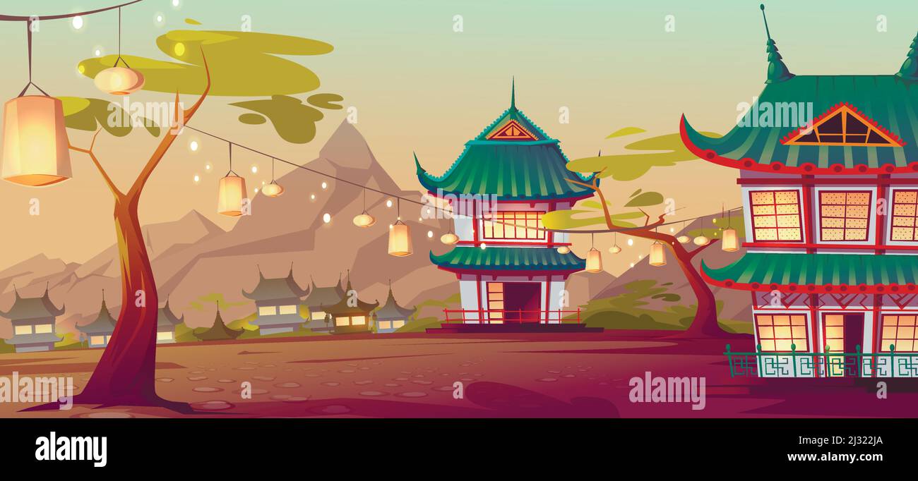 Chinese, asian village with traditional houses and festival lanterns on street. Vector cartoon landscape with chinese, japanese buildings and mountain Stock Vector