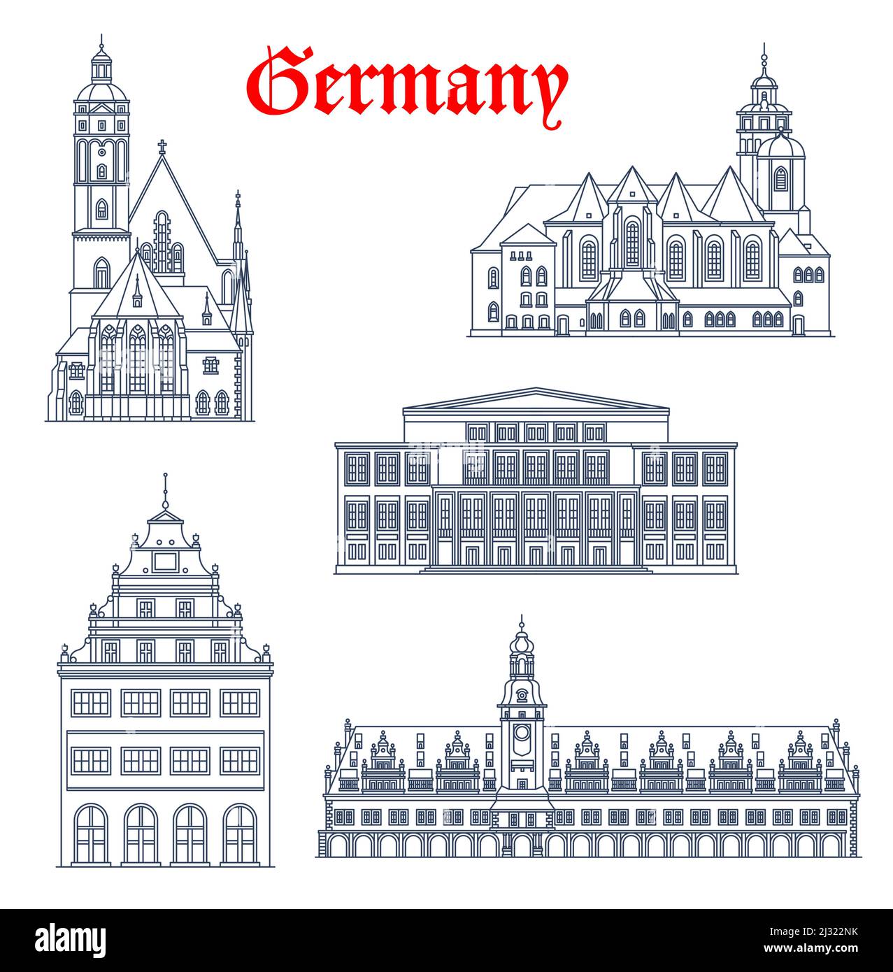 Germany, Leipzig architecture buildings and houses, vector travel landmarks. German Leipzig architecture of St Thomas Church or Thomaskirche, Saint Nicholas Nikolaikirche, Leipzig Opera and Alte Waage Stock Vector