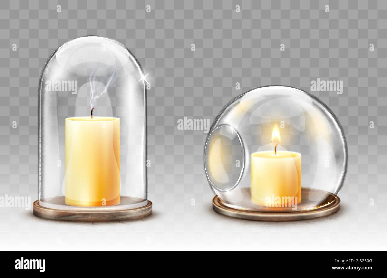 Glass domes with hole, candle holder realistic vector. Glass clear figures with burning and extinguished candle for decoration, isolated object for fe Stock Vector