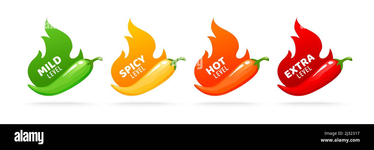 Hot spicy level vector labels of spice food and sauce taste scale. Red chili pepper, cayenne