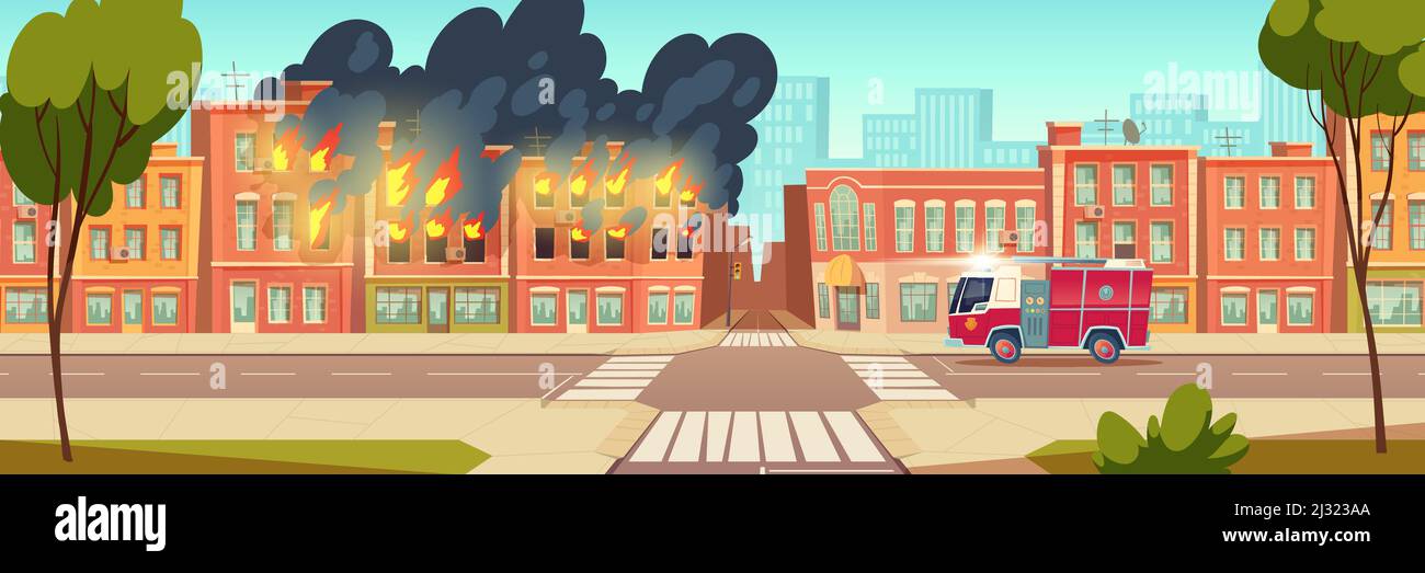 Fire in city house and fire truck on town road. Vector cartoon urban landscape with burning building, flame with black smoke and red emergency rescue Stock Vector