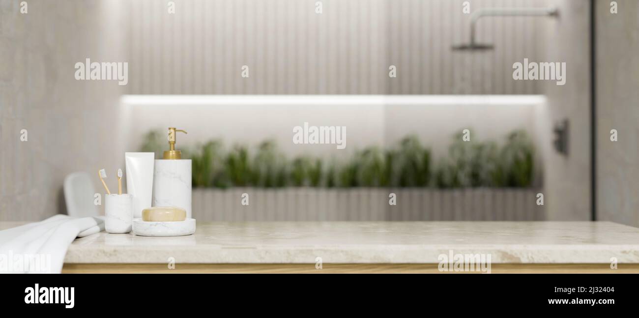 Luxury marble bathroom tabletop with marble product containers copy
