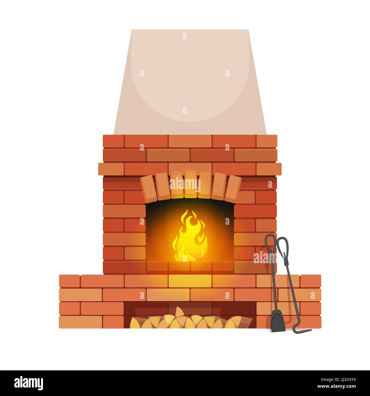 Brickstone fireplace with wood chunks and fire pit tools. Home classic fireplace, dwelling isolated vector open hearth, house heating equipment with flaming fire, poker stick and shovel Stock Vector