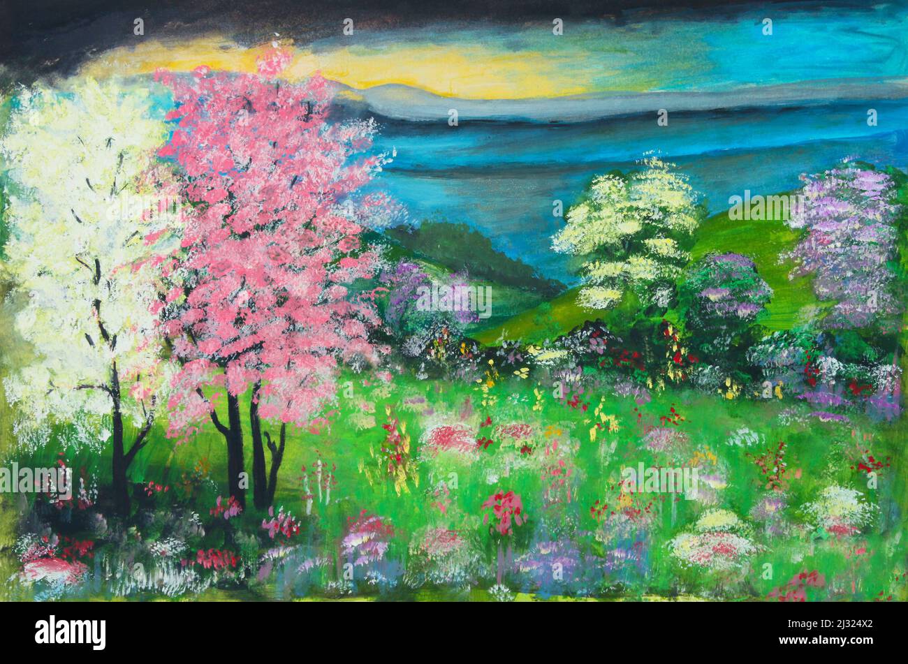 Oil painting on canvas of springtime with fields and hills covered in flowers and blossoming trees in pastel colors Stock Photo