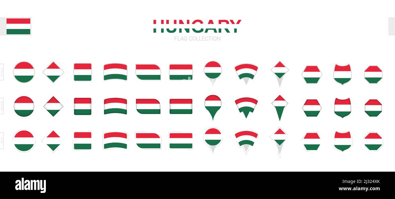Large collection of Hungary flags of various shapes and effects. Big set of vector flag. Stock Vector