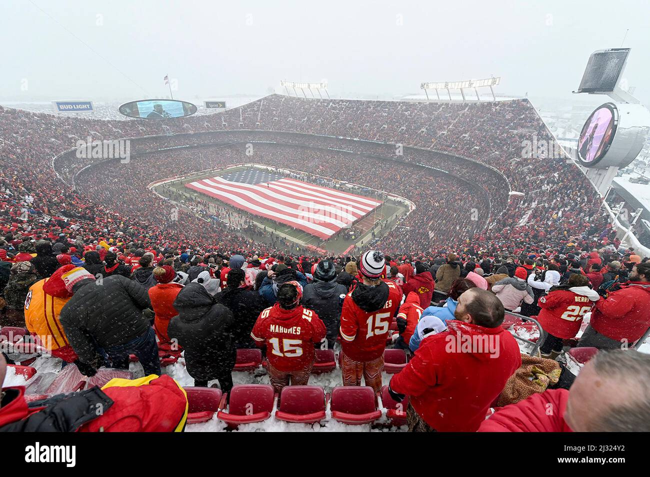 Kansas City, USA. 12th Jan, 2019. Fans stand for the national anthem before an AFC divisional playoff as the Kansas City Chiefs play host to the Indianapolis Colts on Saturday, Jan. 12, 2019, at Arrowhead Stadium in Kansas City, Missouri. (Photo by John Sleezer/Kansas City Star/TNS/Sipa USA) Credit: Sipa USA/Alamy Live News Stock Photo