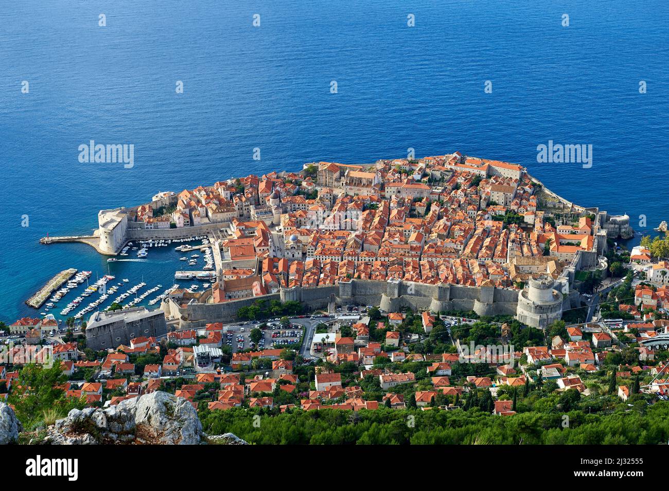 View from the Big Stone Cross on a mountaintop on the old town of Dubrovnik, Croatia, Europe Stock Photo