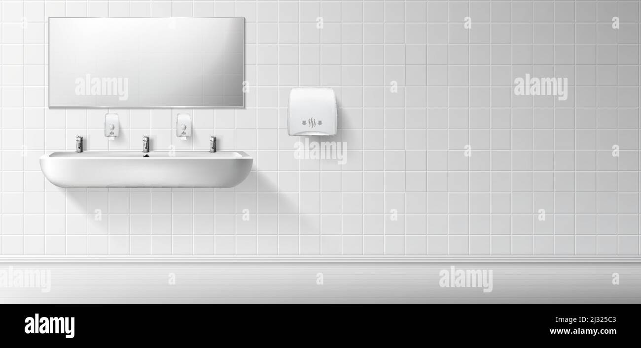 Public toilet with white ceramic sink and mirror. Vector realistic interior of empty restroom with washbasin and hand dryer on white tiled wall. Illus Stock Vector