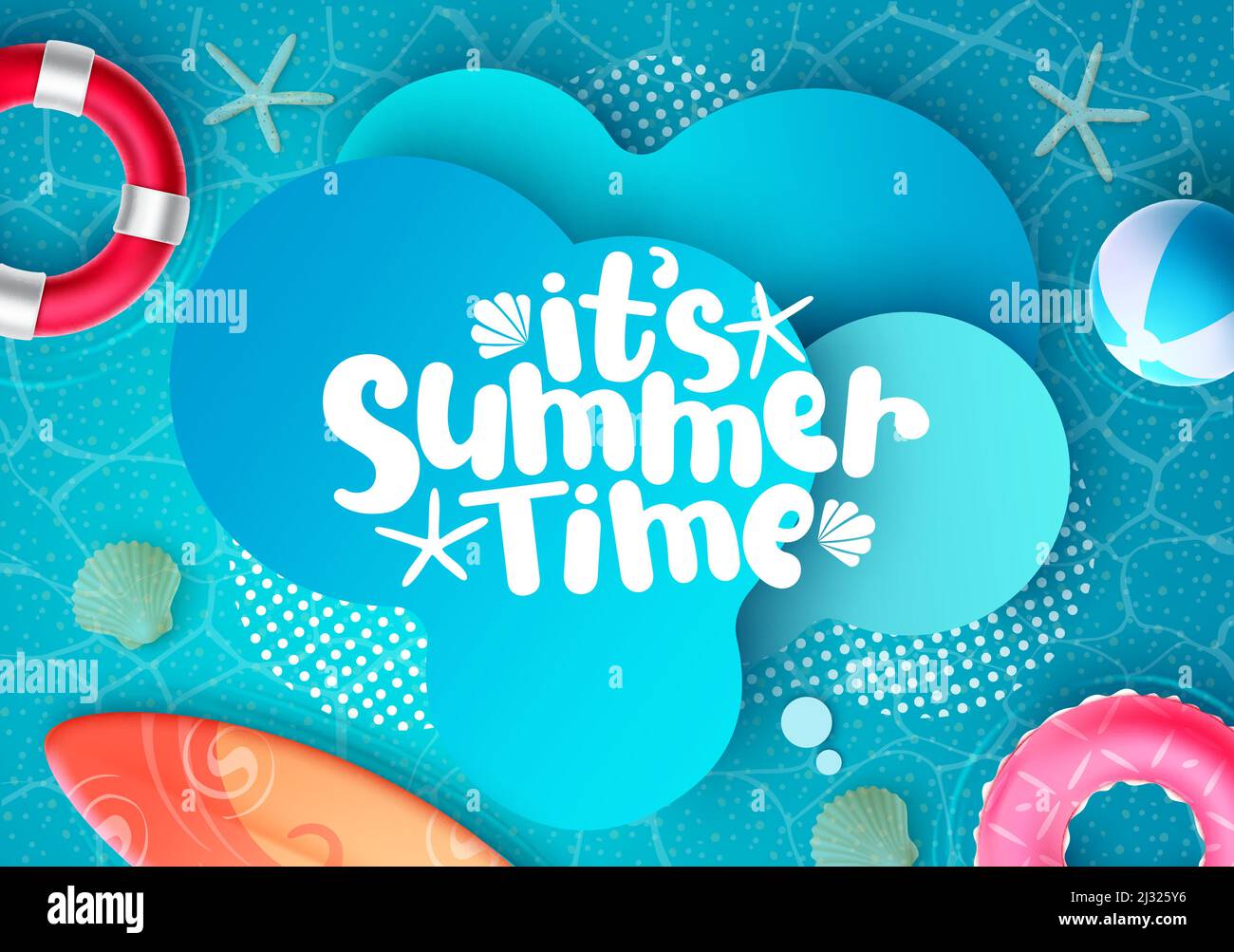 Summertime vector design. It's summer time text in abstract shape background with sea water patter and elements for relax tropical holiday season. Stock Vector