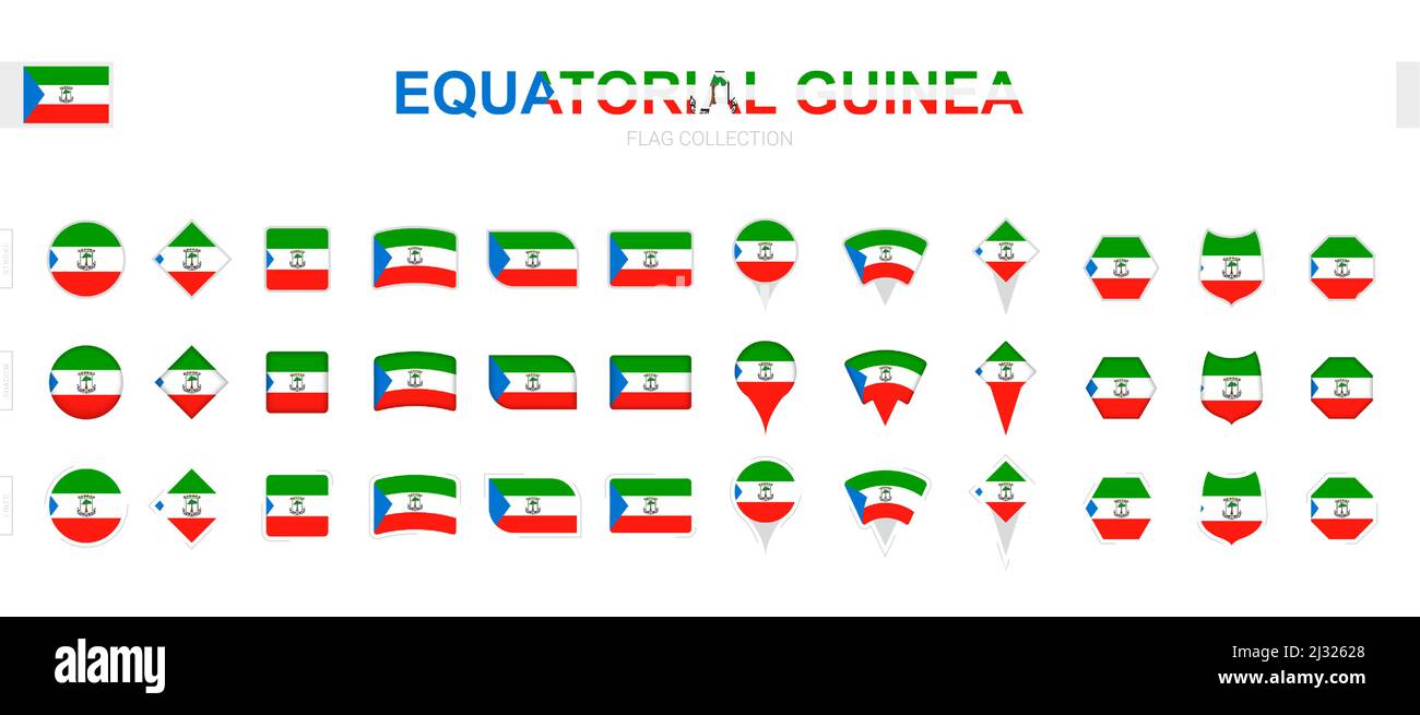Large collection of Equatorial Guinea flags of various shapes and effects. Big set of vector flag. Stock Vector