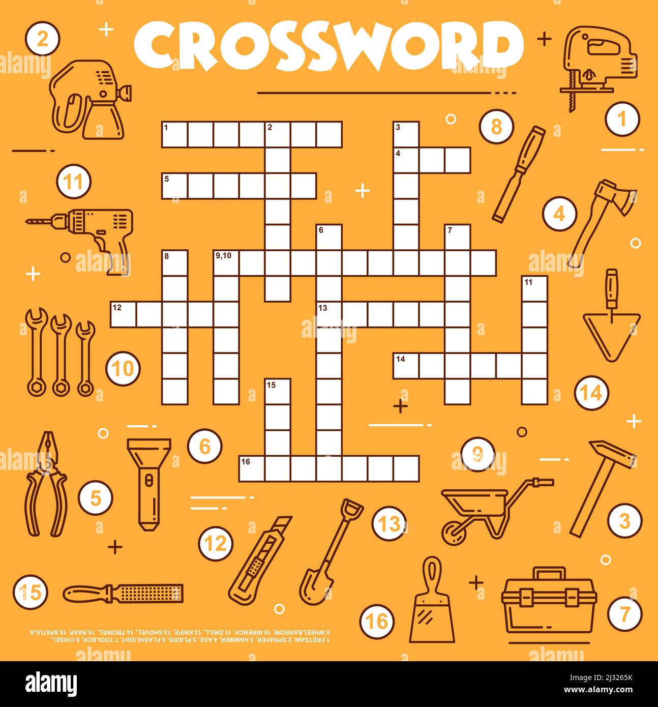Construction, DIY and repair tools crossword grid worksheet, vector