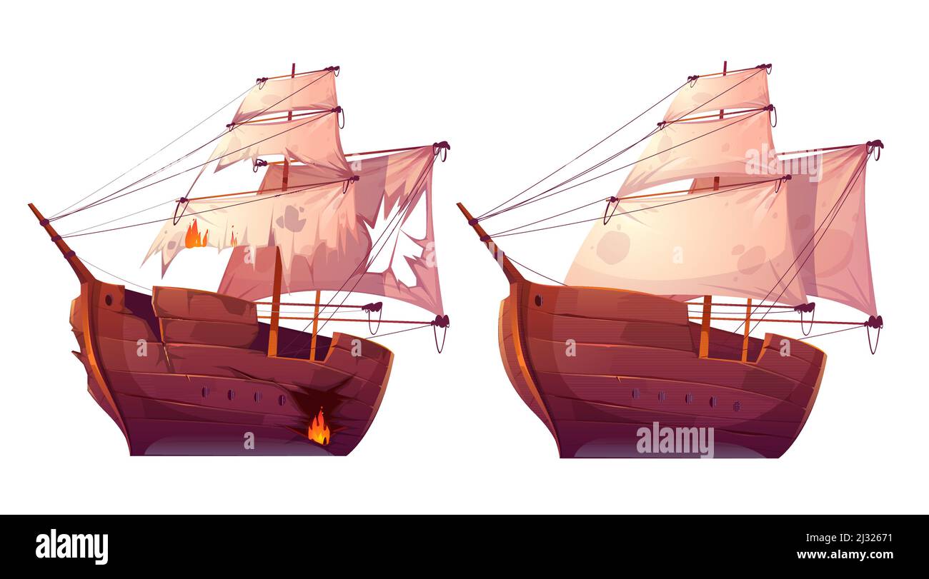 Retro wooden ships with white sail cartoon vector. Galleon or frigate and broken sailboat after sea battle. Ship in fire with holes in the hull isolat Stock Vector