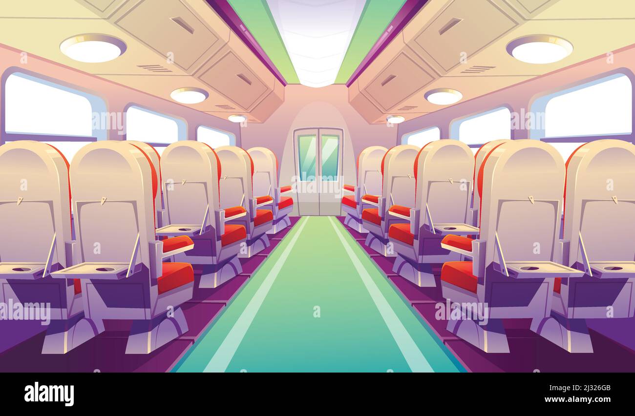 Empty bus, train or airplane interior with chairs and folding back seat ...