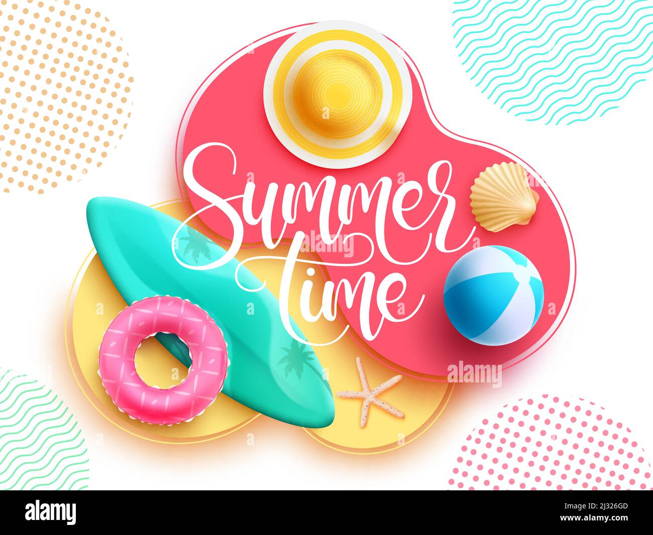 Summertime vector design. Summer time typography text in abstract shape and colorful pattern background with tropical elements for holiday season. Stock Vector