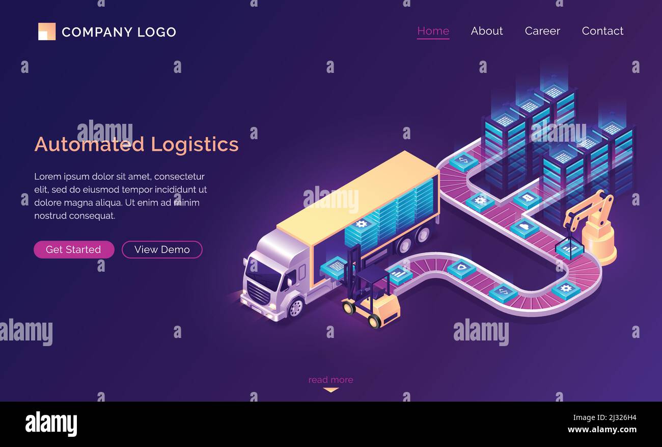 Automated logistics isometric landing page. Web icons moving on ...
