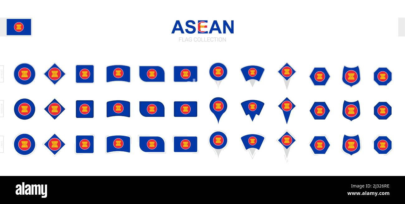 Large collection of ASEAN flags of various shapes and effects. Big set of vector flag. Stock Vector