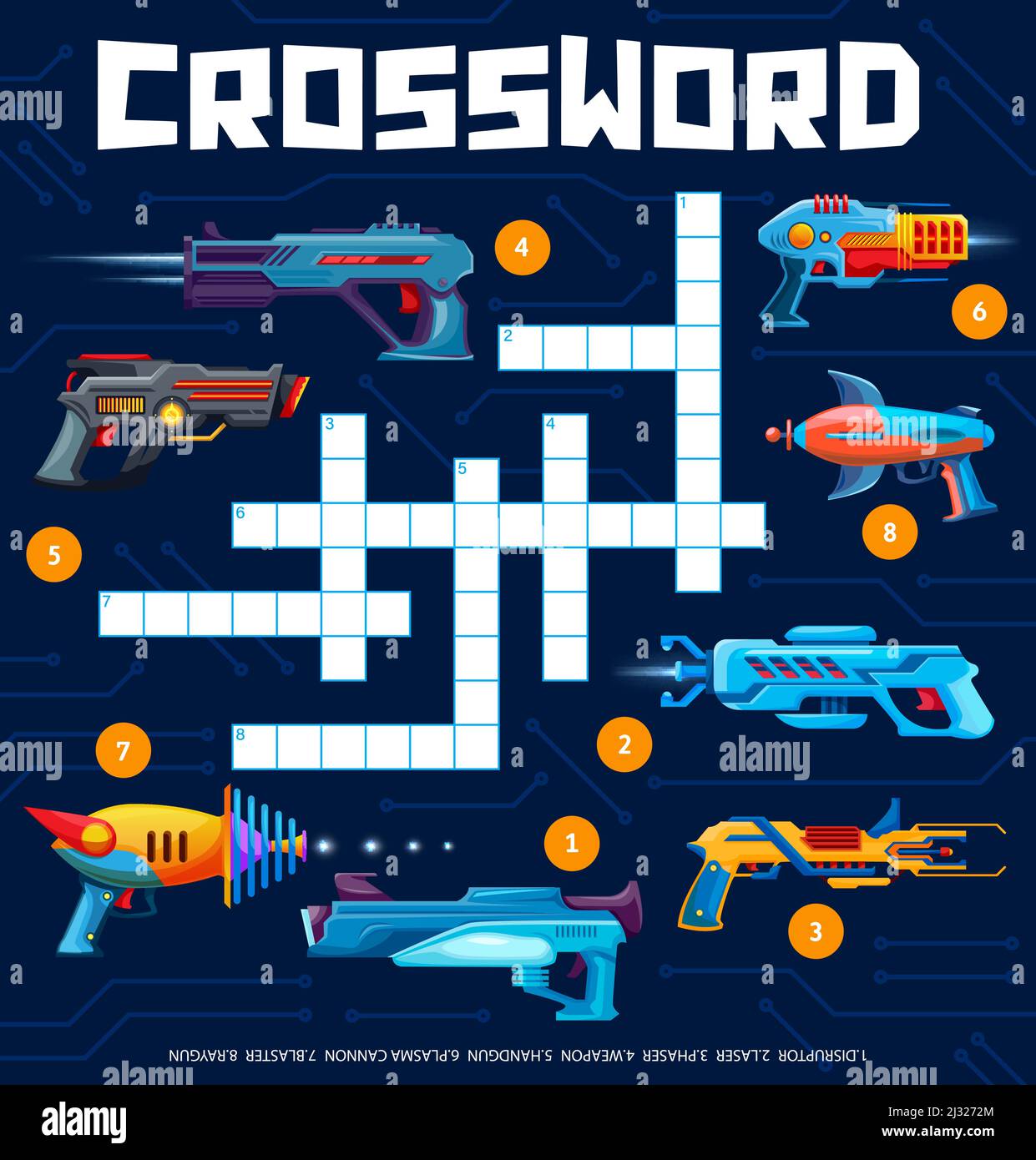 Blaster, handgun and raygun kids weapon toy crossword grid worksheet