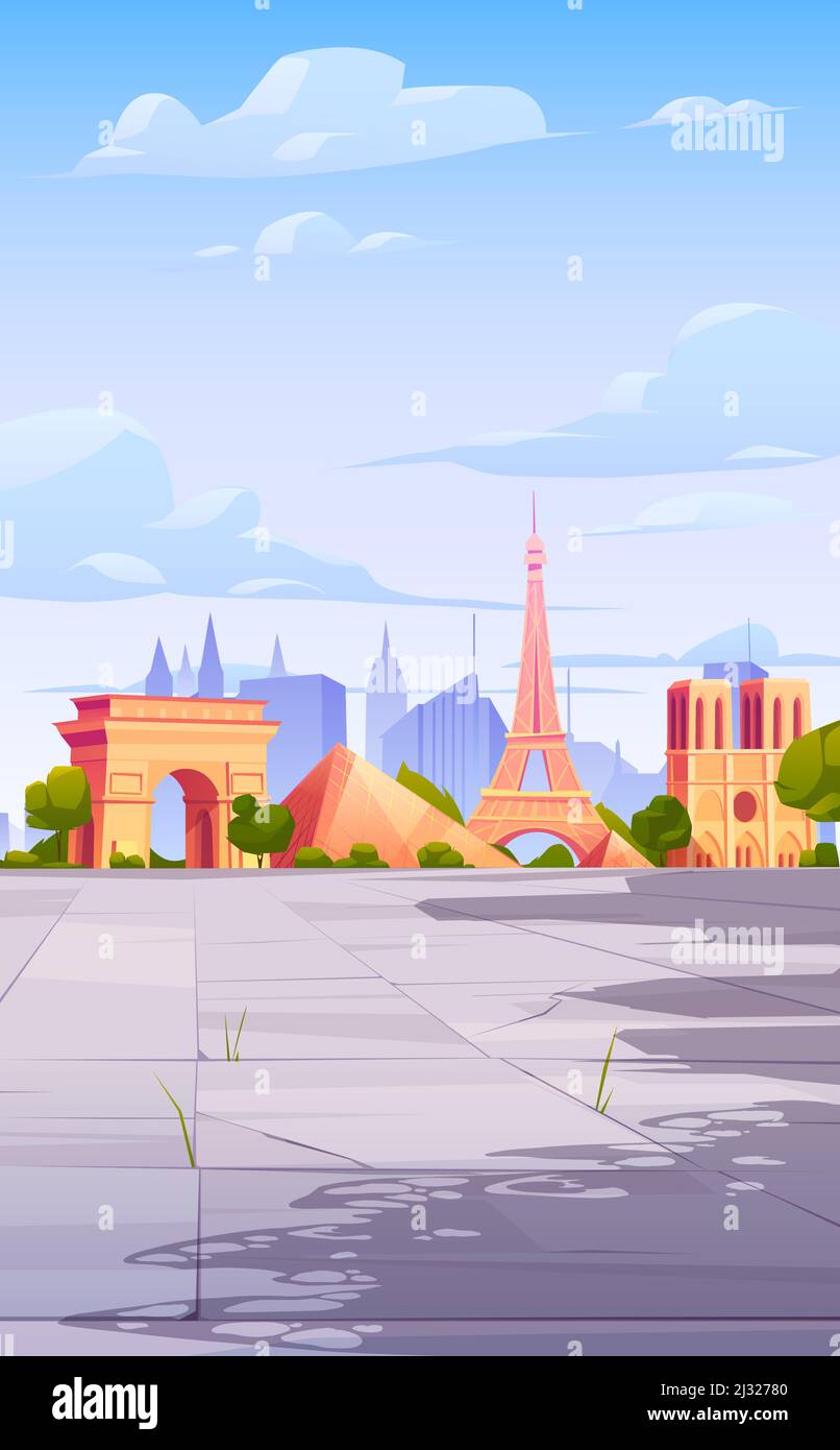 FEBRUARY 12, 2020. Vector cartoon illustration of Paris landmarks, Eiffel Tower, Louvre museum building, Notre Dame Cathedral, Triumphal Arch, France Stock Vector