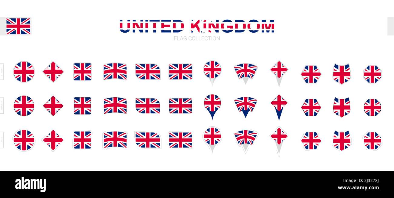 Large Collection Of United Kingdom Flags Of Various Shapes And Effects Big Set Of Vector Flag