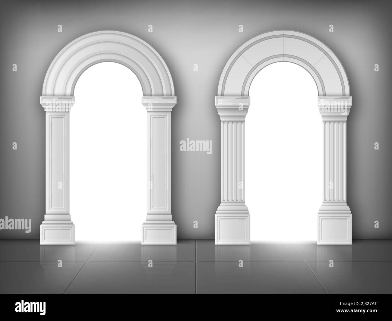 Arches with columns in wall, interior gates with white pillars in palace or castle, archway frames, portal entrance, antique doorway with sun light go Stock Vector