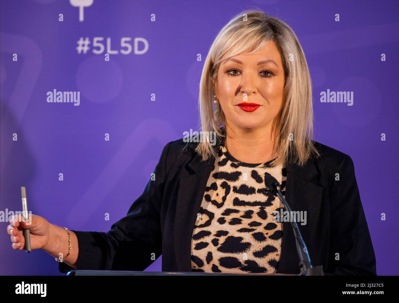 Sinn Fein's Deputy Leader Michelle O'Neill speaking at the Europa Hotel, Belfast, during a 5 Leaders, 5 Days event host by the Northern Ireland Chamber of Commerce and Industry. Stock Photo