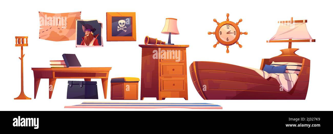Pirate baby room interior set, thematic furniture and accessories ship