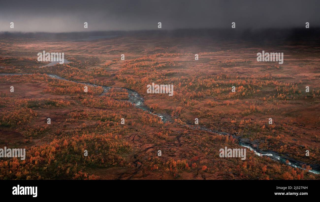 River along the Wilderness Road, on the Vildmarksvagen plateau in Jämtland in autumn in Sweden from above Stock Photo