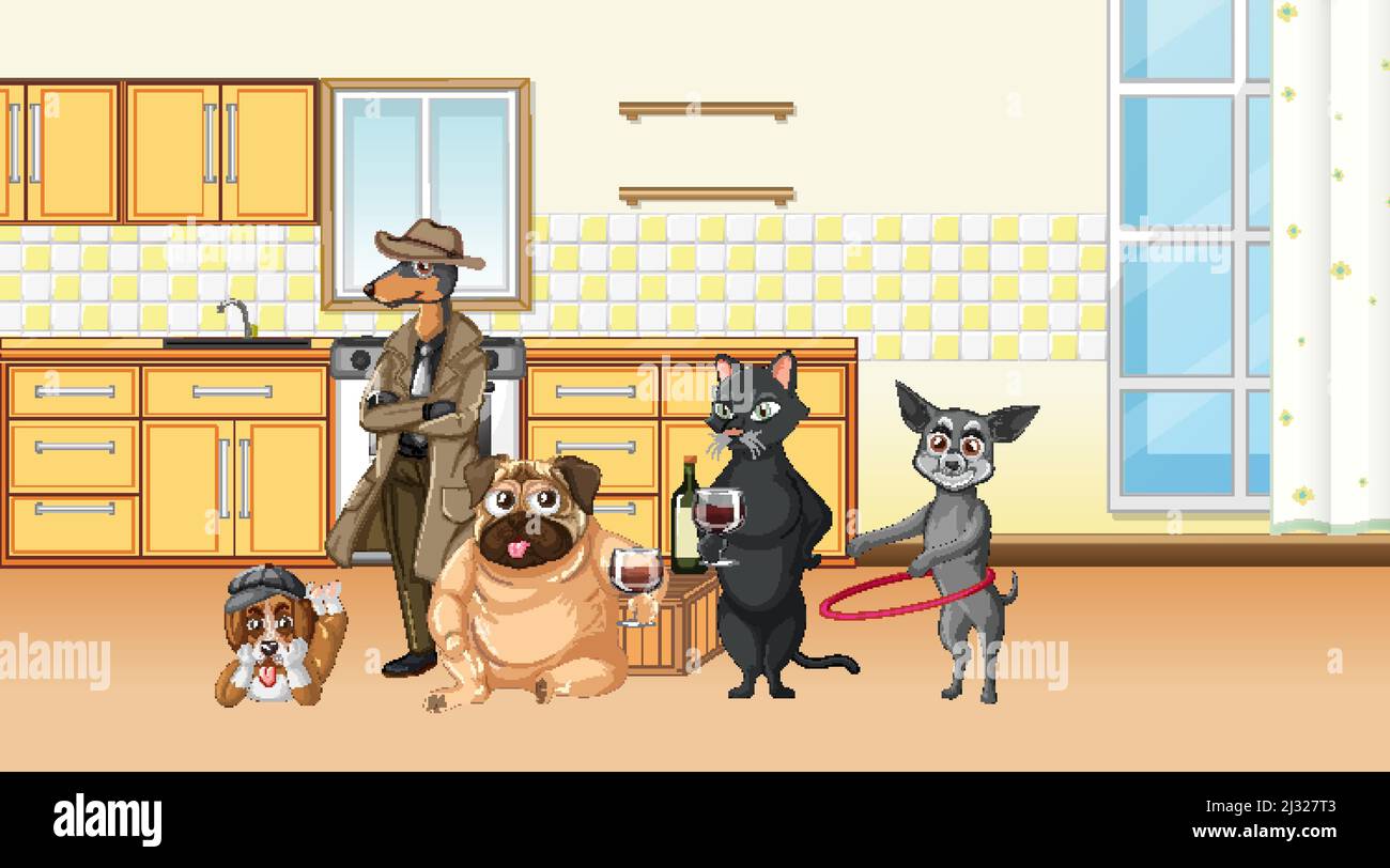 Set of different domestic animals in kitchen illustration Stock Vector ...
