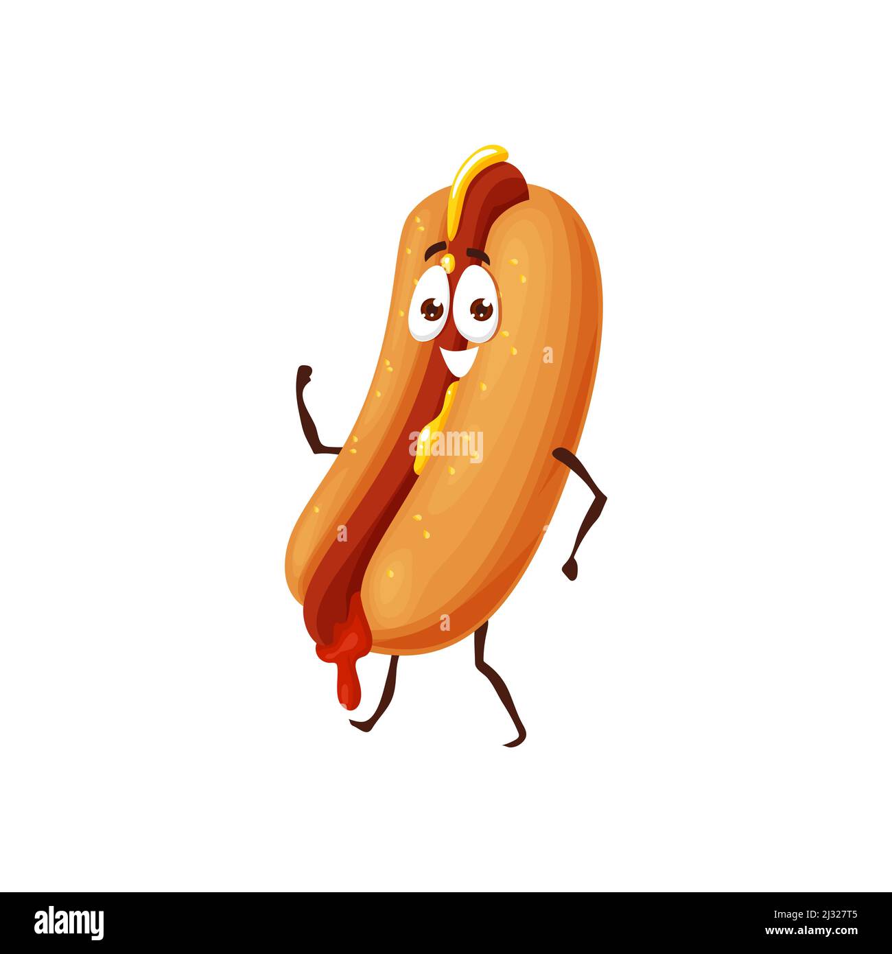 Cartoon fast food hotdog character, vector sausage happy in bun. Cute