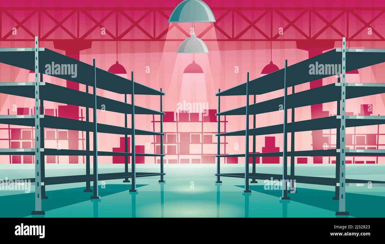 Warehouse interior with empty metal racks. Vector cartoon illustration of storage room interior with shelves for stock, cargo, goods. Storehouse in st Stock Vector