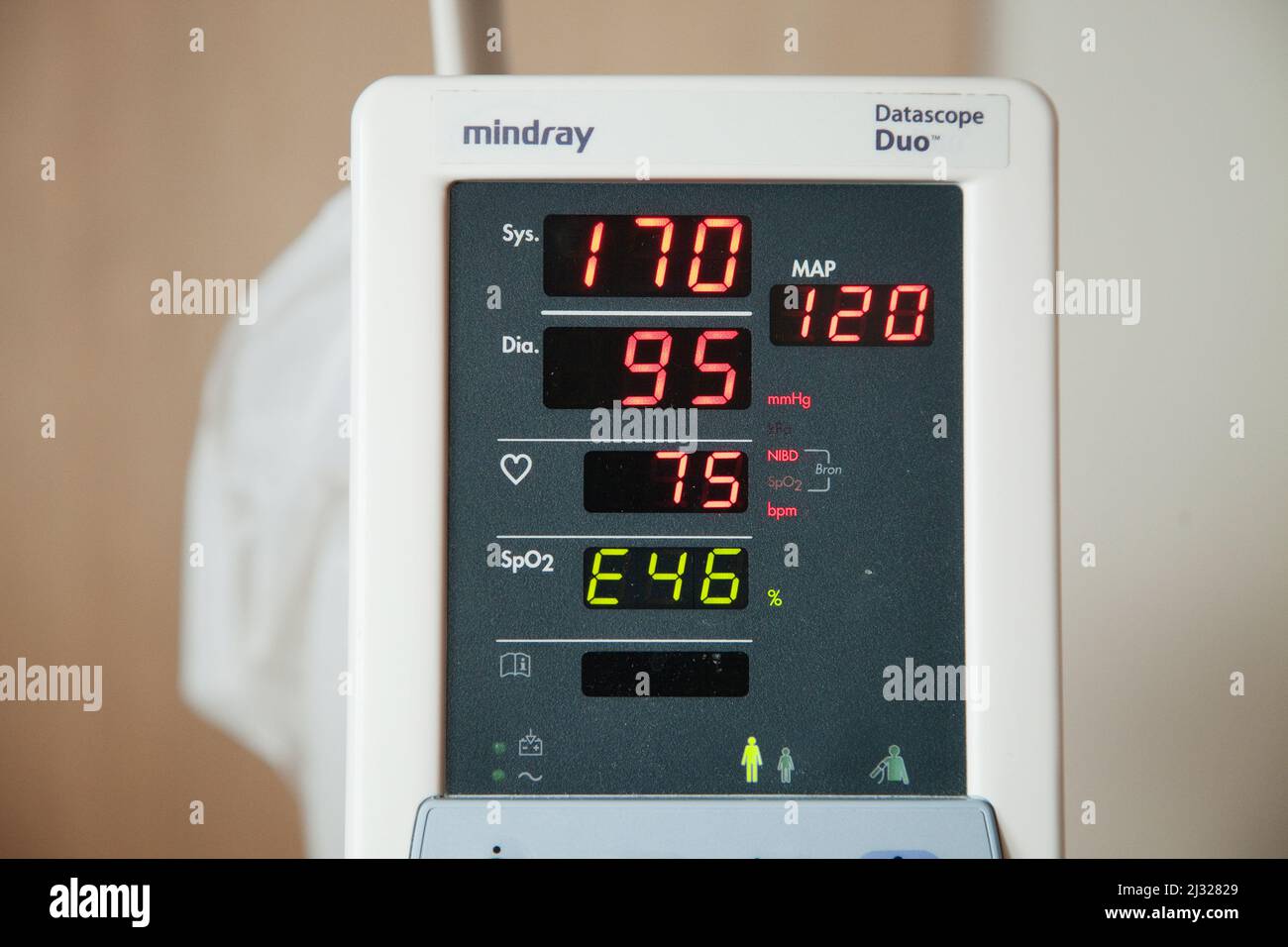 Netherlands, a patient monitor in hospital to show ao heart rate, blood and oxygen. Stock Photo