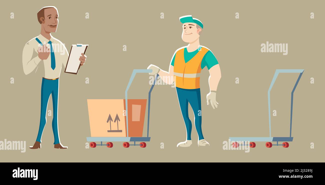 Warehouse worker accepts delivery from courier with cardboard package